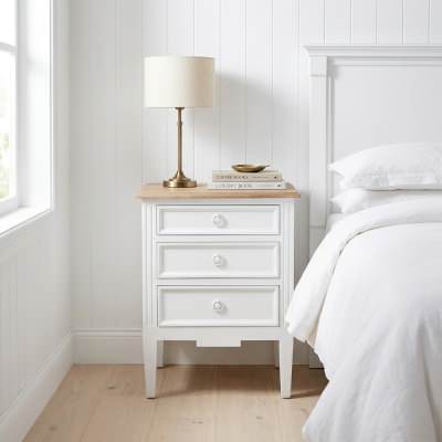 Belley Hand Crafted Mahogany Timber 3 Drawer Bedside Table, White / Weathered Oak