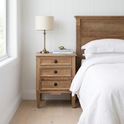 Belley Hand Crafted Mahogany Timber 3 Drawer Bedside Table, Weathered Oak