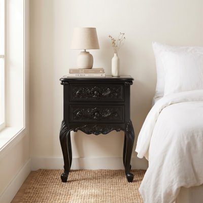 Challuy Hand Crafted Mahogany Bedside Table, Black