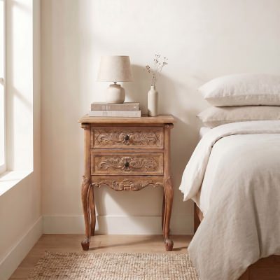 Challuy Hand Crafted Mahogany Bedside Table, Weathered Oak