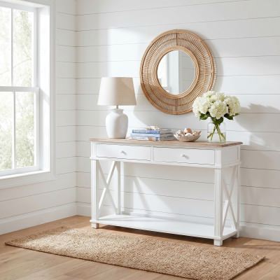 Belley Hand Crafted Mindi Wood Console Table with Shelf, 125cm, White / Weathered Oak