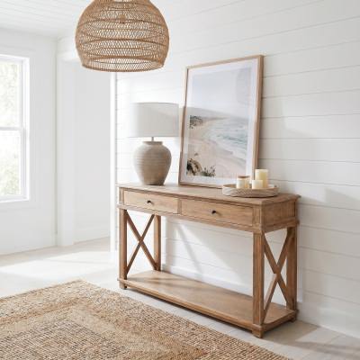 Belley Hand Crafted Mindi Wood Console Table with Shelf, 125cm, Weathered Oak