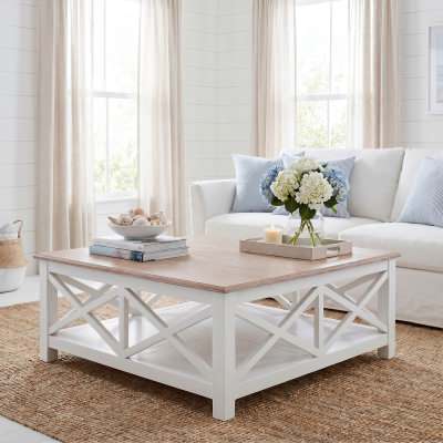 Belley Hand Crafted Mindi Wood Coffee Table with Shelf, 110cm, White / Weathered Oak