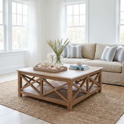 Belley Hand Crafted Mindi Wood Coffee Table with Shelf, 110cm, Weathered Oak
