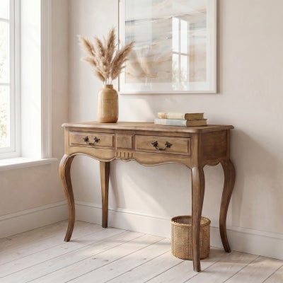 Chantillac Hand Crafted Mahogany 2 Drawer Hall Table, Weathered Oak