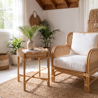 Pettine Rattan Tray Top Round Side Table 