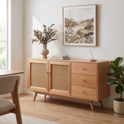 Norma Tasmanian Oak & Rattan 2 Door 3 Drawer Sideboard, 150cm