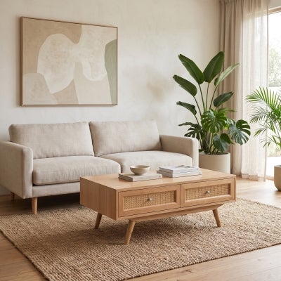 Norma Tasmanian Oak & Rattan 2 Drawer Coffee Table, 110cm