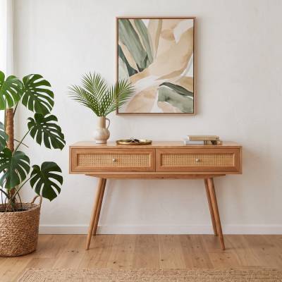 Norma Tasmanian Oak & Rattan Hall Table, 130cm