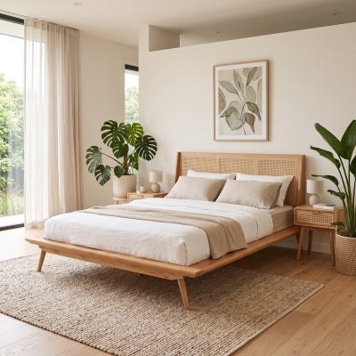 Norma Tasmanian Oak & Rattan Platform Bed, Queen
