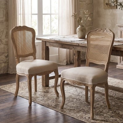 Jasie Rattan Back Oak Timber Dining Chair with Linen Seat, Oatmeal / Weathered Oak