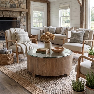 Biron Teak Timber Round Coffee Table with Glass Top, 90cm