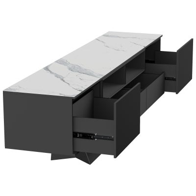 Nadia Ceramic Glass Top Modern 2 Door 2 Drawer TV Unit, 200cm, Marmo White / Black