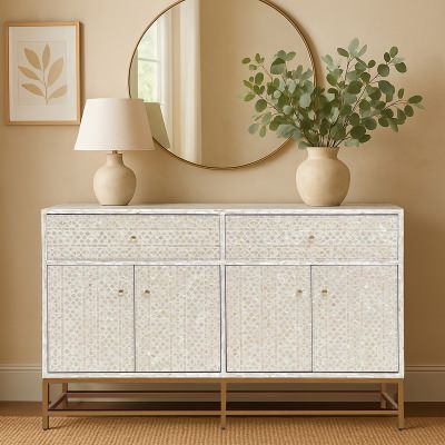 Splendour Mother Of Pearl Inlaid 4 Door 2 Drawer Sideboard, 140cm, Cream