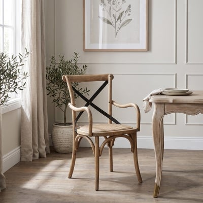 Sherwood Oak Timber Cross Back Dining Armchair with Rattan Seat, Natural
