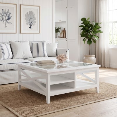 Hastings Glass Top Wooden Square Coffee Table, 100cm