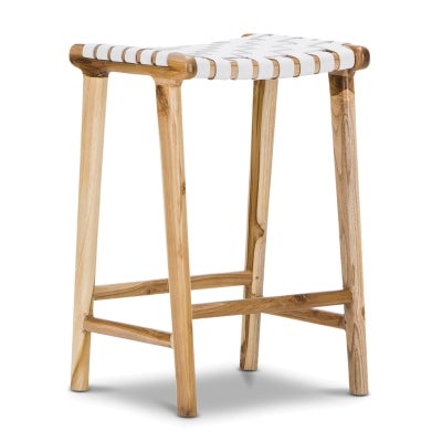 Lazie Woven Leather & Teak Timber Counter Stool, White / Natural