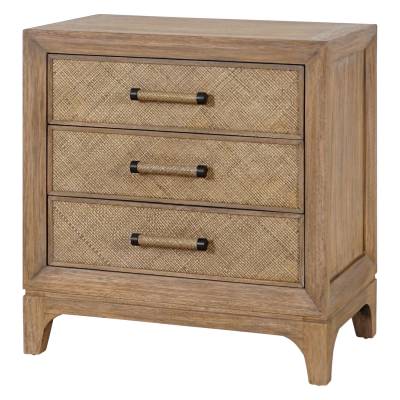 Cypress Timber & Rattan Bedside Table, 3 Drawer