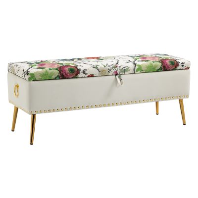 Levant Fabric Storage Ottoman Bench, Beige Retro Floral