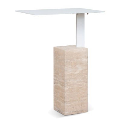 Hilma Metal & Travertine Side Table, Matt White / Sand
