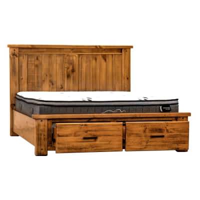 Oxley Pine Timber Bed with End Drawers, King