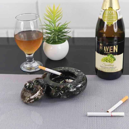 Marbeline Marble Round Ash Tray with Lid, Black