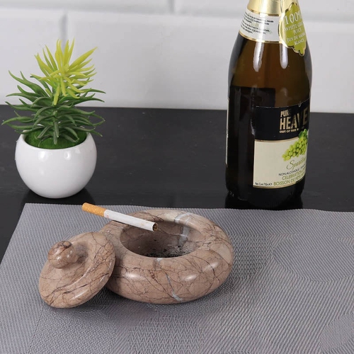 Marbeline Marble Round Ash Tray with Lid, Marinara