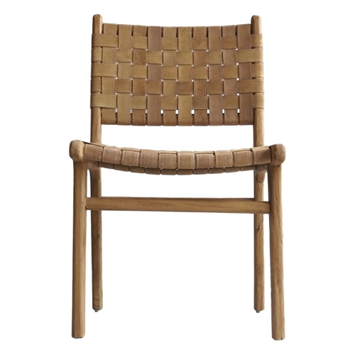 Elements Strap Suede Leather Teak Timber Dining Chair, Tan