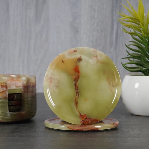 Marcellus 7 Piece Marble Round Coaster & Holder Set, Green