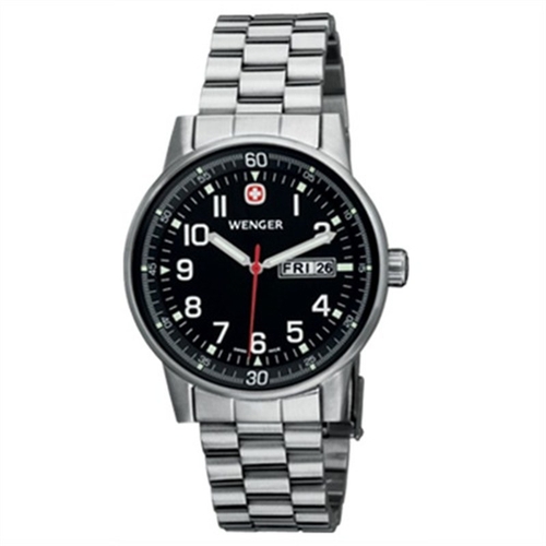 Wenger Commando Day Date Gents, black dial, brushed steel case