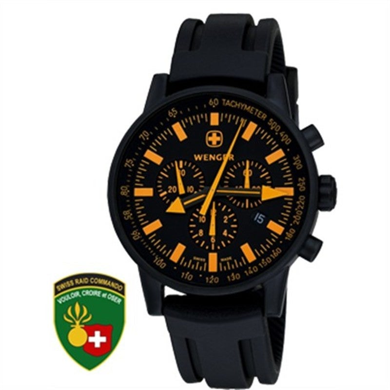 Wenger Commando SRC gents. black dial with orange SLC indexes and hands black rubber strap