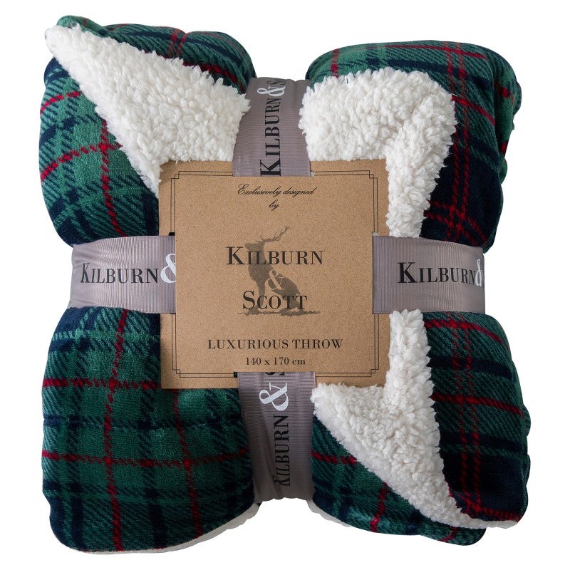 Kilburn & Scott Luxurious Sherpa Throw, 140x170cm, Green Lattice