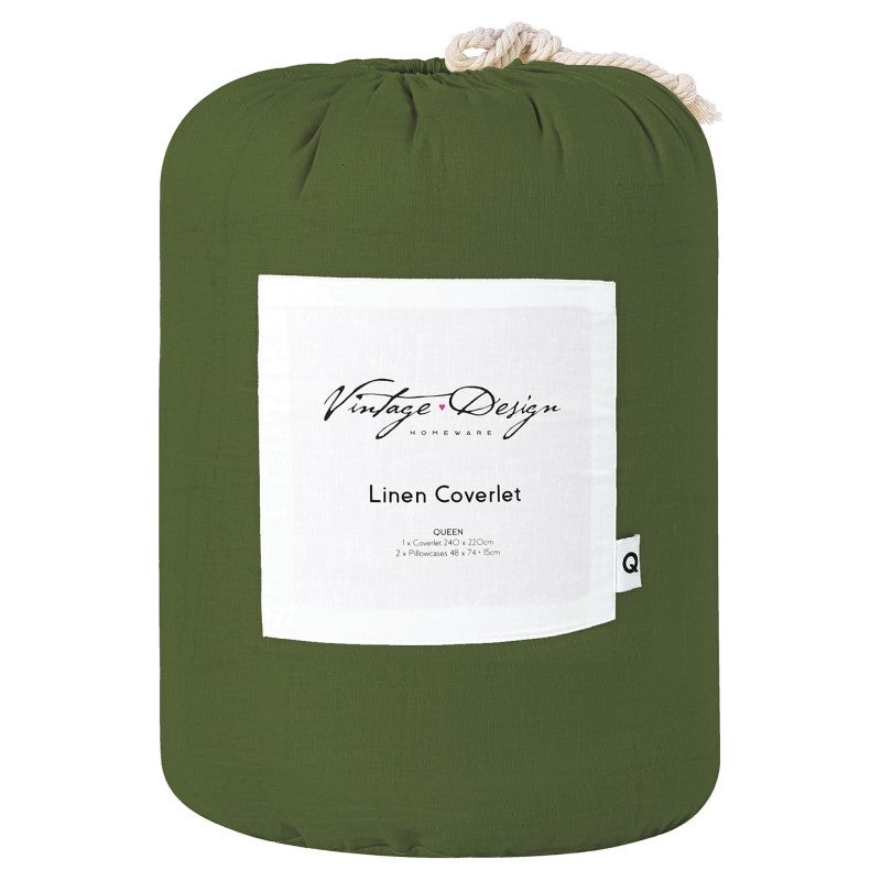Vintage Design Homeware French Linen Coverlet Set, Queen, Olive