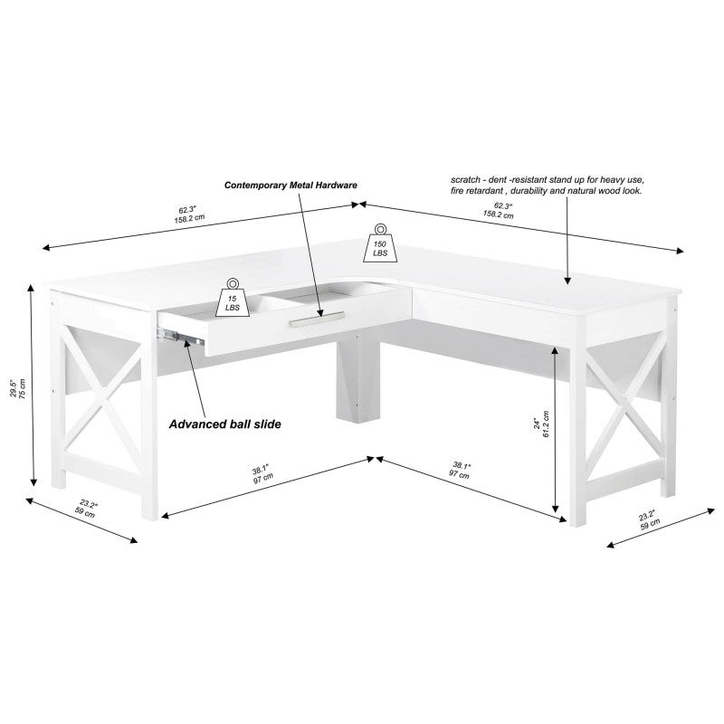 Erie Farmhouse Corner Desk, 158cm, Distressed White