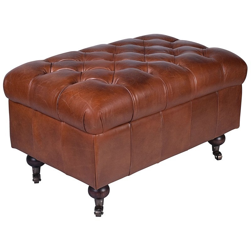 Kensington Aged Leather Chesterfield Storage Ottoman, Vintage Brown