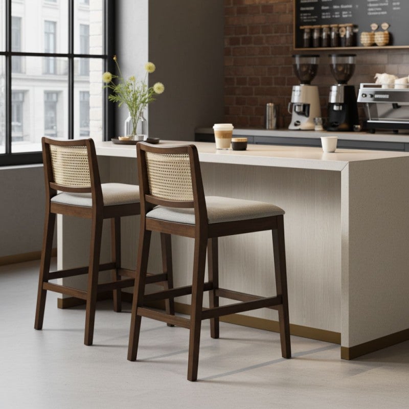 Byron Acacia Timber & Rattan Bar Stool, Walnut / Beige