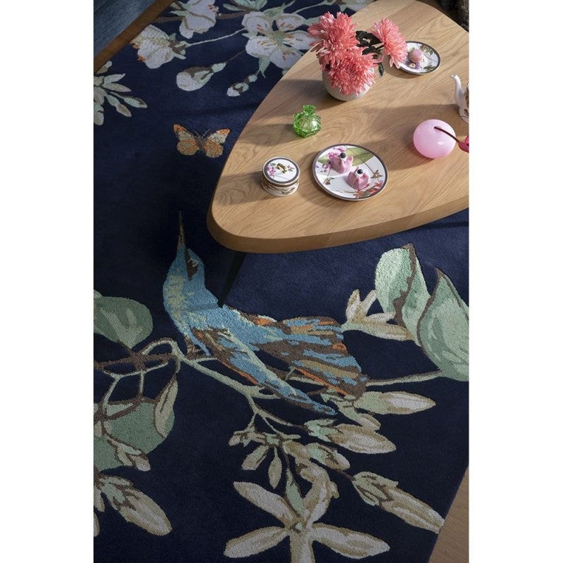 Round Hummingbird Rug Wedgwood Hummingbird Hand Tufted Designer Wool Rug, 280x200cm, Navy