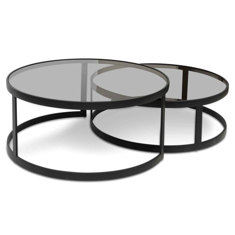 Maglie 2 Piece Glass & Steel Nested Round Coffee Table Set, 90/85cm, Black
