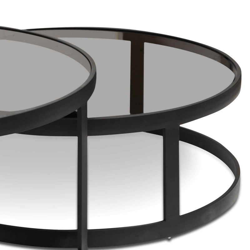 Maglie 2 Piece Glass & Steel Nested Round Coffee Table Set, 90/85cm, Black