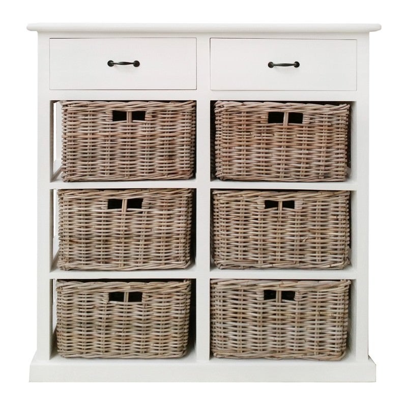 Rosslyn Mahogany Timber & Rattan Basket Storage Chest, 2x3 Baskets