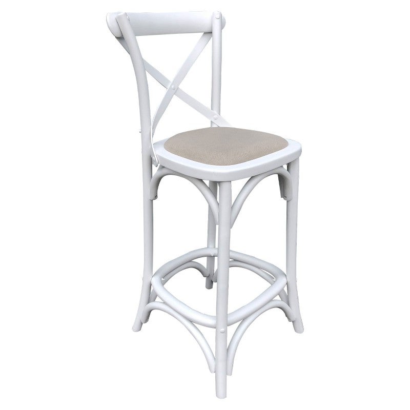 Kasan Birch Timber Cross Back Counter Stool, Linen Seat, Matt White