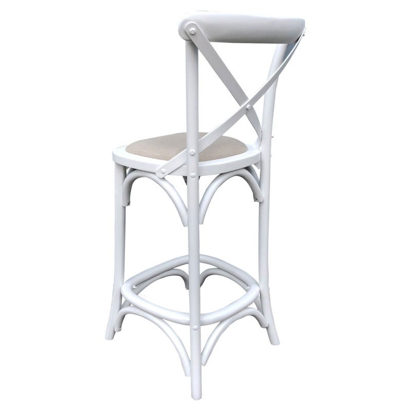 Kasan Birch Timber Cross Back Counter Stool, Linen Seat, Matt White
