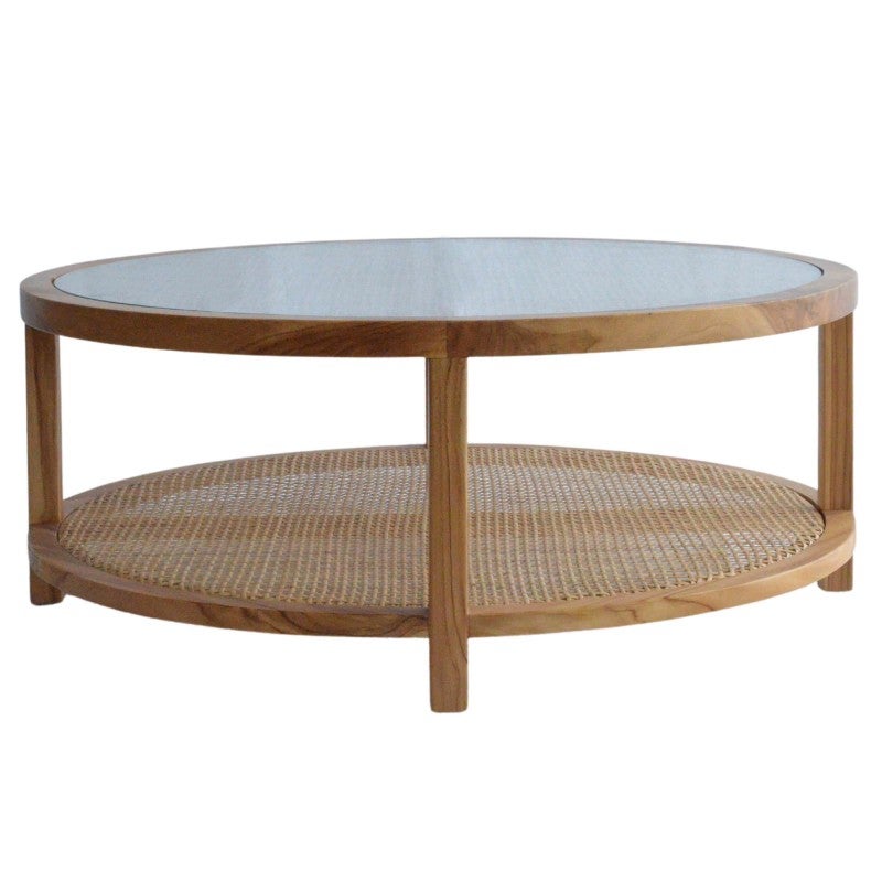 Long Island Glass Topped Teak Timber Round Coffee Table, 100cm, Natural