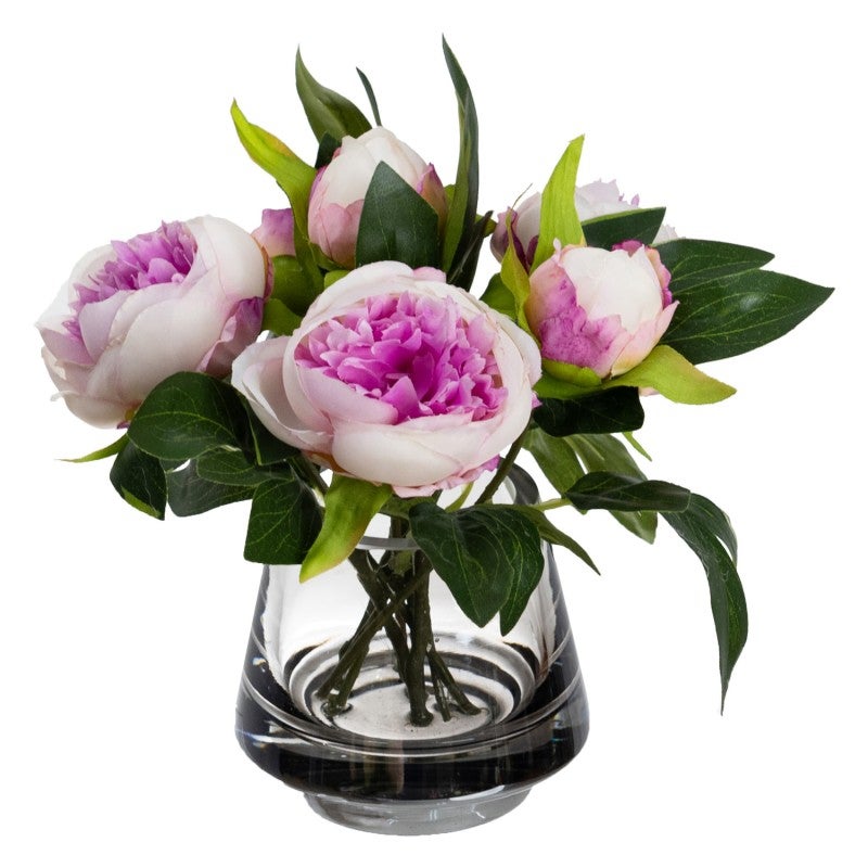 Bliss Artificial Peony Arrangement in Glass Vase, 20cm, Lilac Flower