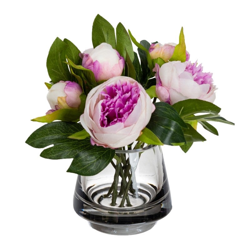 Bliss Artificial Peony Arrangement in Glass Vase, 20cm, Lilac Flower