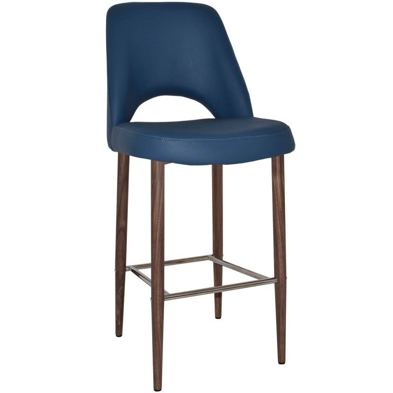 Albury Commercial Grade Vinyl Bar Stool, Metal Leg, Blue / Light Walnut