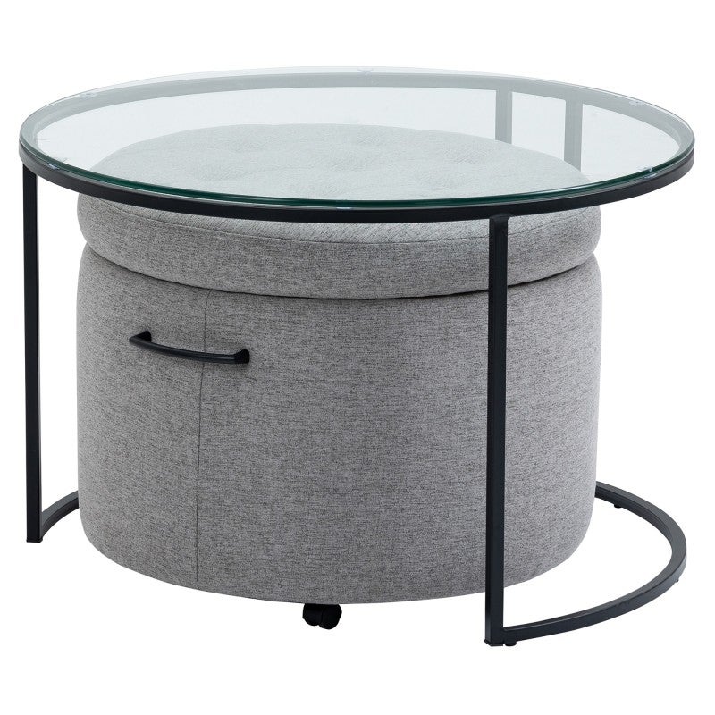Mikaela Nested Round Coffee Table & Storage Ottoman Set, Black / Grey