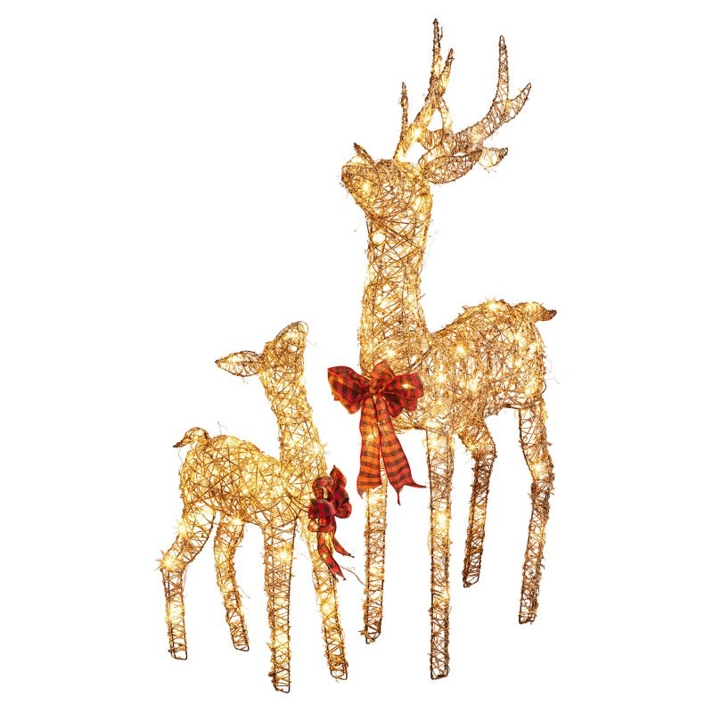 Norjav 2 Piece LED Light Up Outdoor Rattan Christmas Reindeer Figurine Set