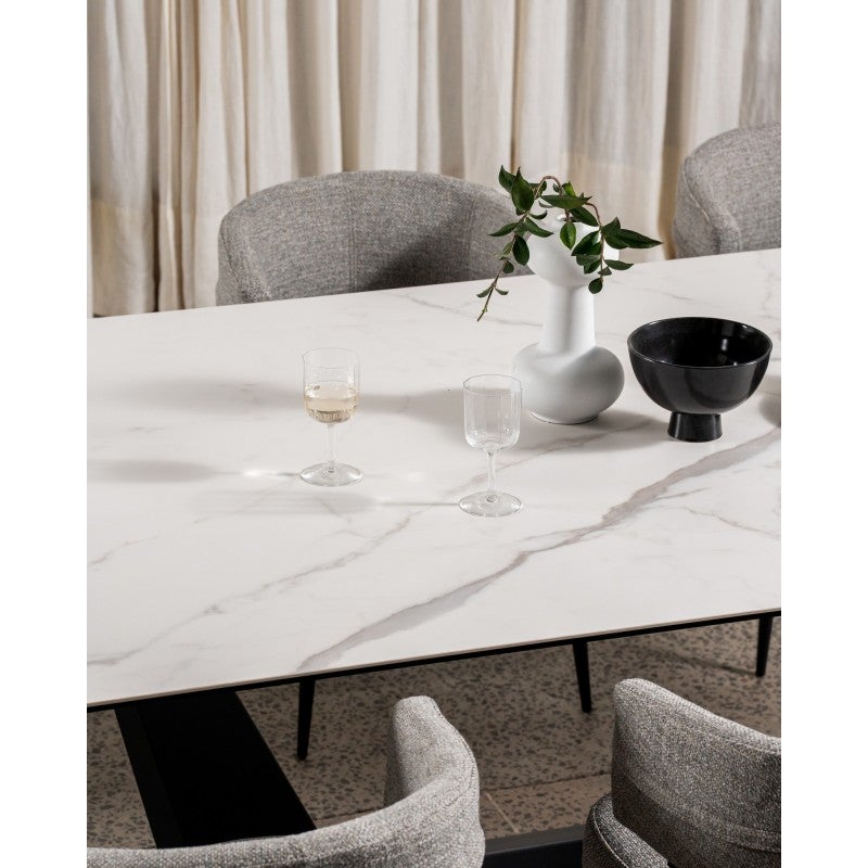 Nadia Ceramic Glass Top Modern Dining Table, 240cm, Marmo White / Black