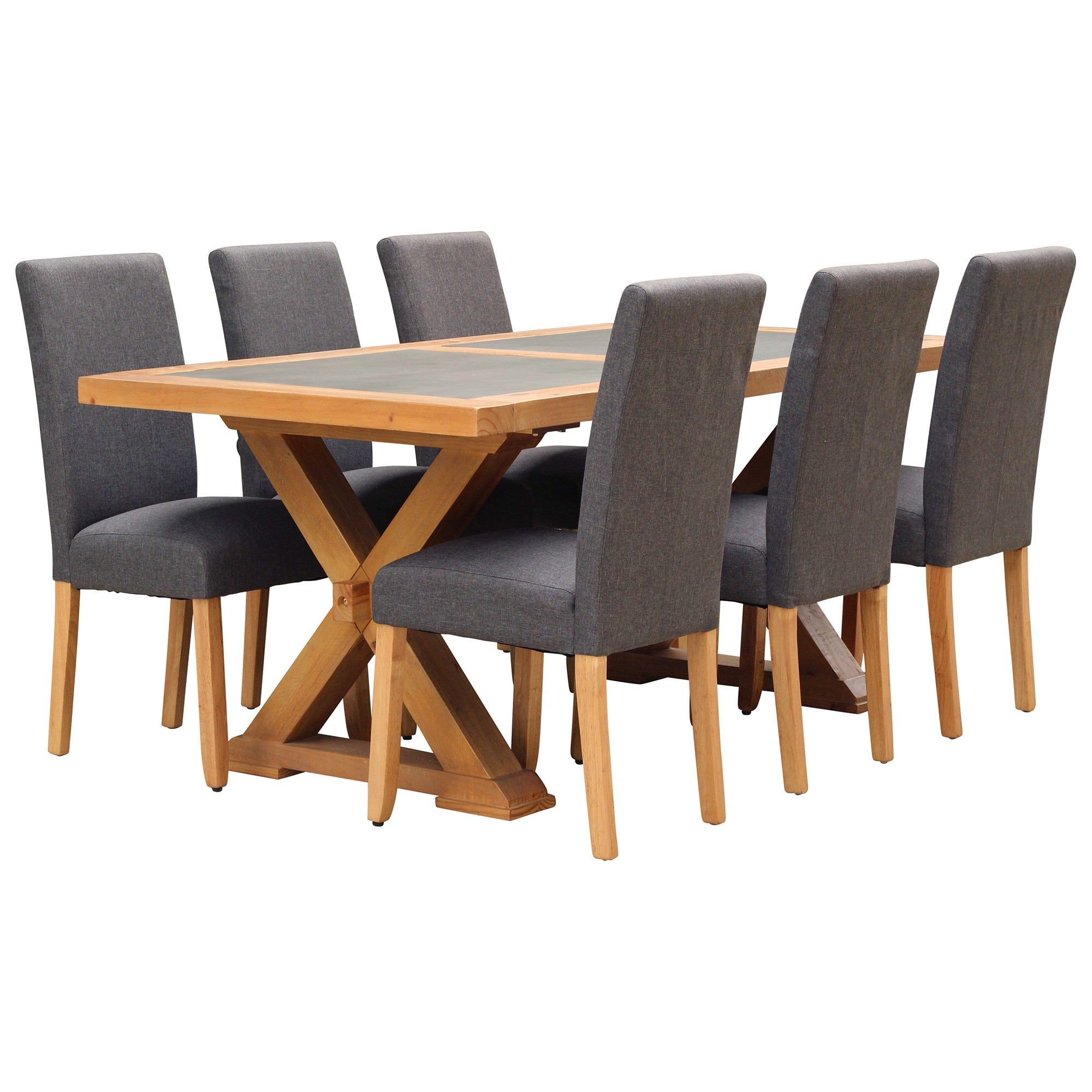 Sefton 7 Piece Concrete Top Pine Timber Trestle Dining Table Set, 180cm, Dark Grey Arwen Chair
